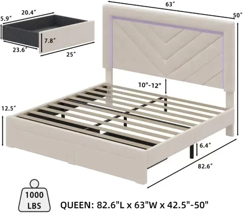 Miniatura 2 de Base de cama tamaño Queen con cabecera ajustable y cajón de almacenamiento, marco de cama tapizado Queen con luces LED RGB y estación de carga