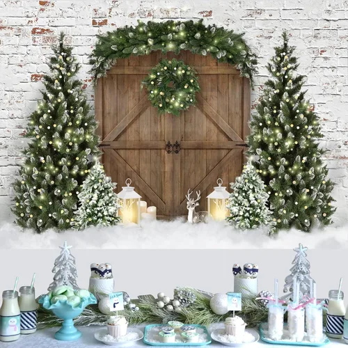 Miniatura 2 de Mocsicka Telón de fondo de fotografía de casa de madera de Navidad, árbol de Navidad, corona de nieve, fondo fotográfico, puerta de granero rústica