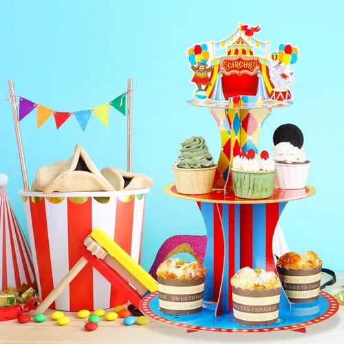 Miniatura 7 de Zopeal Soporte de 3 niveles para cupcakes con temática de circo para decoraciones de fiesta de cumpleaños, carnaval, mesa de postre, soporte