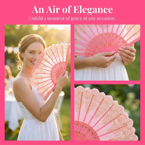 Miniatura 3 de EXCEART Macramé Decor - 1 abanico de mano plegable floral de encaje, estilo chino, ventilador plegable grande para festivales, bodas, fiestas