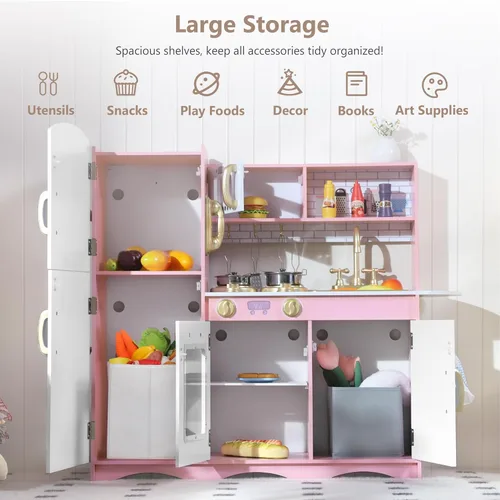 Miniatura 7 de Kinder King Cocina de madera para niños, juego de cocina de juguete para niños pequeños, horno de simulación, microondas, teléfono, pizarra, puertas