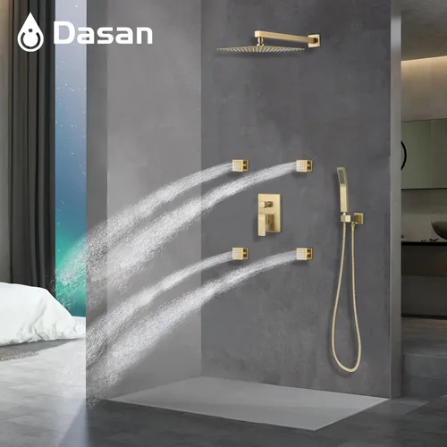 Miniatura 2 de DASAN - Sistema de ducha de lluvia de cuerpo completo con 4 chorros de ducha y cabezal de ducha de 12 pulgadas de montaje en pared y de mano, Oro