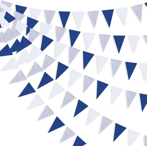 Miniatura 19 de Decoraciones de fiesta blancas de 40 pies, banderín triangular con banderines, banderas de papel blanco nacarado brillante para graduación, boda