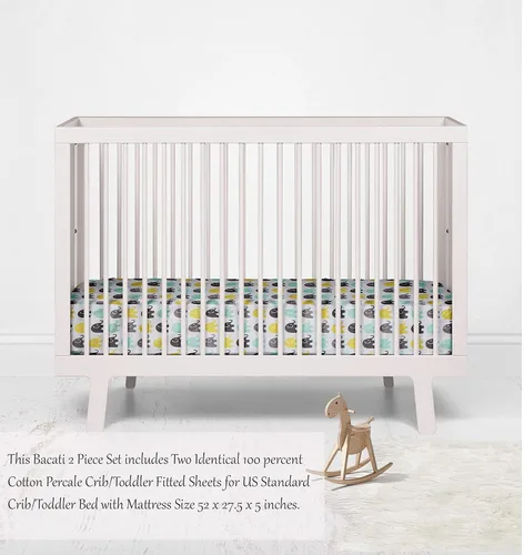 Miniatura 6 de Bacati - Paquete de 2 sábanas bajeras para cuna de bebé y niños pequeños, 100 % algodón percal neutro, color verde menta, amarillo y gris