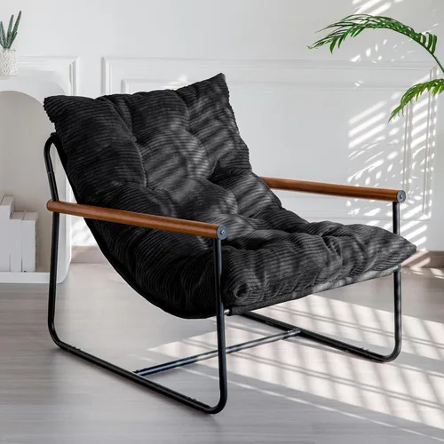 Miniatura 9 de MAXYOYO Silla de Acento Moderna, Silla Cómoda de Sala de Estar con Marco de Metal y Reposabrazos de Madera, Sillón Tapizado con Cojín Suave
