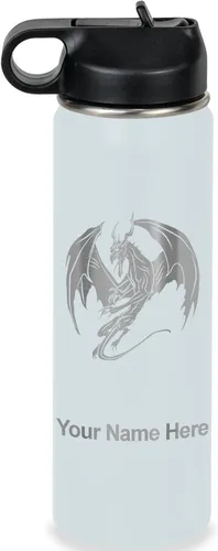 Miniatura 40 de LaserGram Botella de agua con tapa abatible de doble pared de 12 onzas con pajilla, dragón, grabado personalizado incluido (negro)