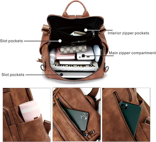 Miniatura 72 de OPAGE - Mochila de cuero para mujer, con borla de moda, bolso de hombro, mochila grande, bolsa de viaje, gris, L