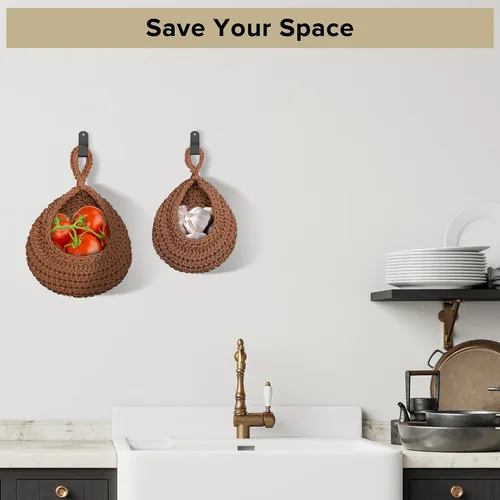 Miniatura 6 de 6 cestas de frutas colgantes de pared para cocina, cesta colgante bohemia con 12 ganchos fuertes, almacenamiento de cocina, verduras, frutas, papas