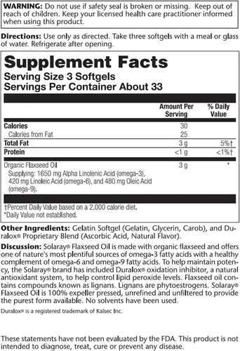 Miniatura 2 de SOLARAY Aceite de linaza, cápsula blanda (Btl-Plástico) 1000mg 100ct