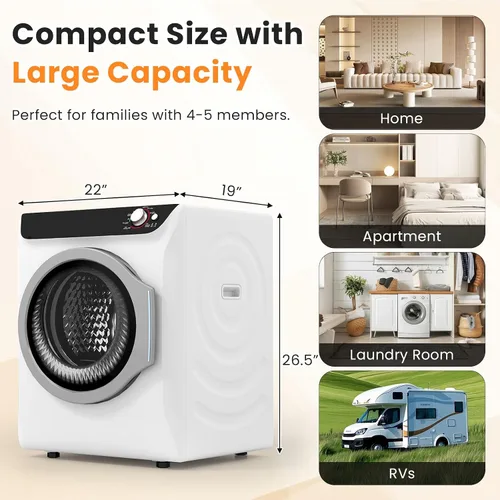 Miniatura 7 de Zynkez Secadora de ropa portátil de 2.5 pies cúbicos, secadora eléctrica compacta de 1400 W con bañera de acero inoxidable, carga frontal, 5 modos