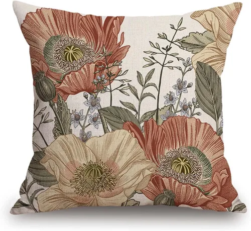 TSSOHU Funda de almohada de lino y algodón rústico con diseño de flores vintage, funda de almohada cuadrada decorativa de 18 x 18 pulgadas para