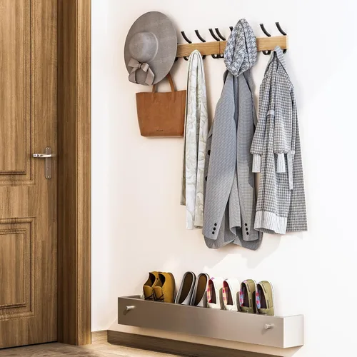 Miniatura 3 de Perchero de madera maciza para colgar en la pared, colgador de entrada, perchero de madera de metal con 5 ganchos de aluminio negro para bufanda