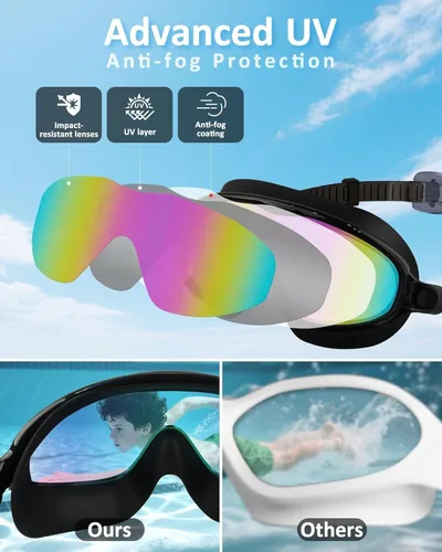 Miniatura 3 de Gafas de natación para niños, antivaho, protección UV y amplia vista & gorro de natación para niños de 3 a 15 años, niños y niñas, bebés