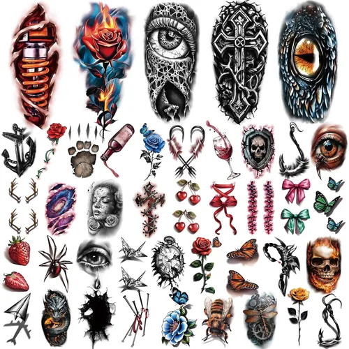 Miniatura 2 de 77 hojas de tatuajes temporales 3D para hombres y mujeres, diseño de león, tigre, dragón, araña, escorpión, serpiente, medusa, rosa, para cuello