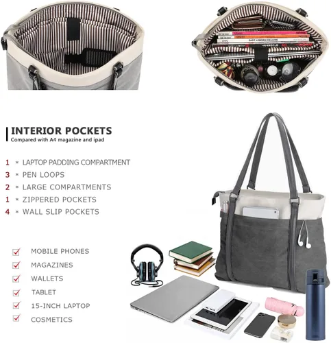 Miniatura 5 de Laptop Tote Bag for Women, 15.6 Inch Work Bag with Laptop Compartment and Zipper, Canvas Computer Tote for Teacher Grisoscuro