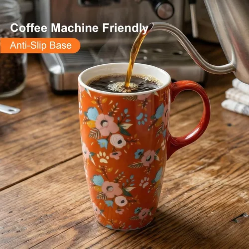 Miniatura 2 de Taza de viaje de cerámica de 17 onzas con tapa y asa, taza de café con patrón floral de abeja, apta para microondas y lavavajillas, taza de café