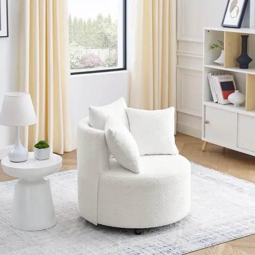 Miniatura 2 de Quarte Moderna silla tapizada de ocio, silla giratoria de tela de peluche con ruedas móviles y 3 almohadas, perfecta para sala de estar y dormitorio