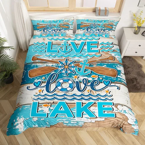 Miniatura 9 de Erosebridal Lake House Twin Bed Set for Boys Girls Kids, Blue and Beige Lakehouse 2Pcs Duvet Cover with Zipper, Rustic Farmhouse Bedding Sets