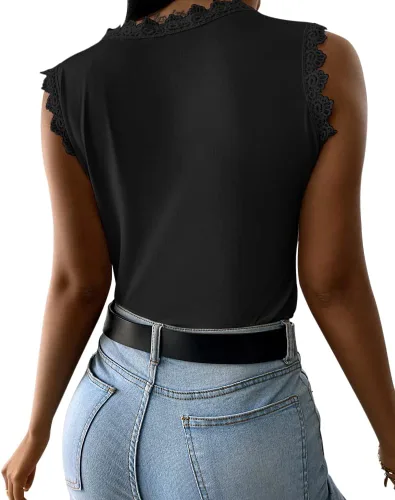 Miniatura 2 de Blusa sin mangas de encaje para mujer, sin mangas, de verano, casual, cuello redondo, ajustada, camisa hueca
