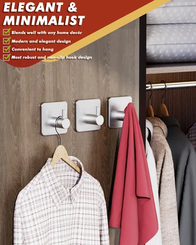 Miniatura 4 de Ganchos adhesivos resistentes de 30 lb (máx) de capacidad, juego de 5 ganchos de pared de acero inoxidable sin daños para colgar abrigos, sombreros