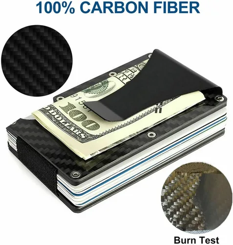 Miniatura 6 de Billetera de fibra de carbono con clip para dinero de metal, bloqueo RFID, minimalista, de aluminio, delgado, para tarjetas de crédito, Negro