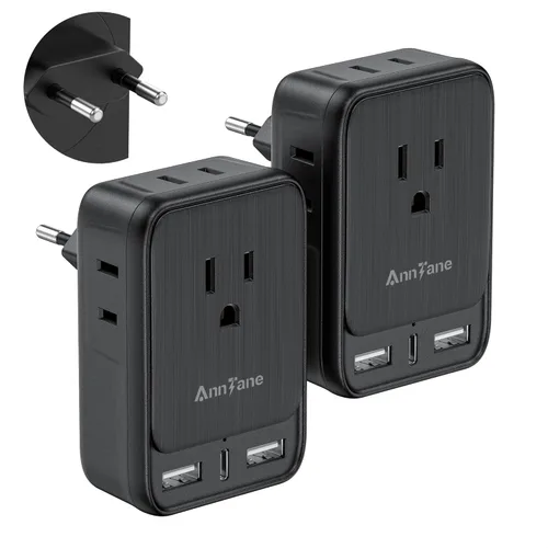 Paquete de 2 adaptadores de viaje europeos, AnnTane con capacidad para 2 salidas de CA y 3 puertos USB, un adaptador de enchufe de Estados Unidos a