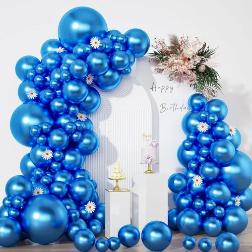 Globos azules en diferentes tamaños 5 10 12 18 pulgadas - 134 piezas Globos azules metálicos cromados para arco de guirnalda, baby shower,