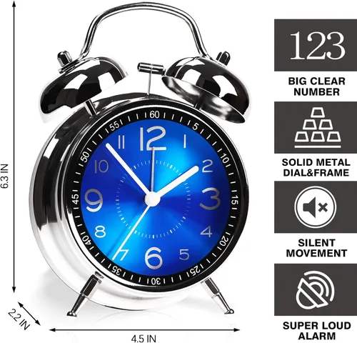 Miniatura 2 de AYRELY Reloj despertador súper ruidoso para adultos que duermen pesadamente, doble campana, retro, de 4 pulgadas, silencioso, sin tictac, cuarzo