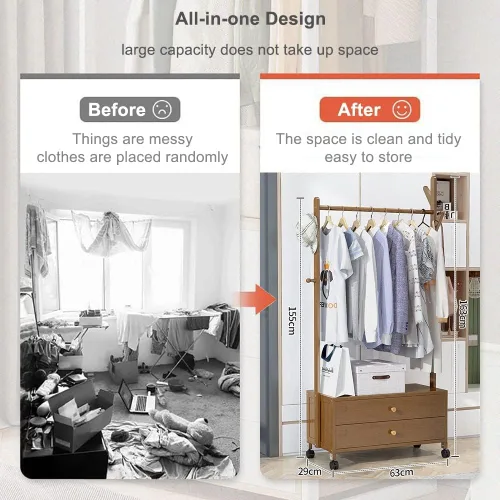 Miniatura 7 de Perchero independiente resistente, perchero de bambú con ruedas, ideal para almacenamiento de ropa de dormitorio