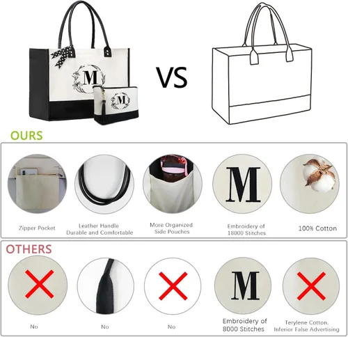 Miniatura 3 de BeeGreen Bolsas de lona con inicial, regalo de cumpleaños personalizado para mujeres, amigas, madre, mamá, bolsas de monograma bordadas con asa