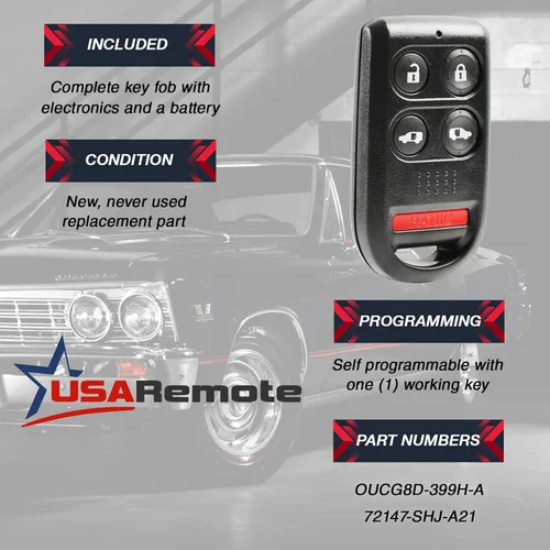 Miniatura 3 de Llavero compatible con control remoto de entrada sin llave Honda Odyssey 2005-2010 (OUCG8D-399H-A)