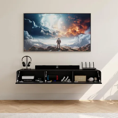 Miniatura 2 de POVISON - Soporte de TV flotante minimalista totalmente ensamblado, moderno centro de entretenimiento montado en la pared con 3 puertas abatibles