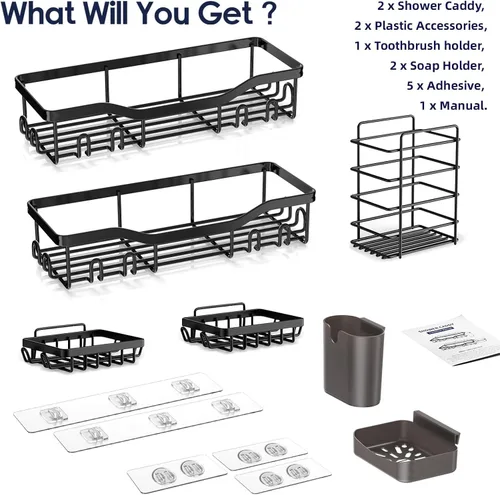 Miniatura 8 de NESOMI Organizador de Ducha Adhesivo Juego de 7 Piezas, Estantes de Baño de Acero Inoxidable a Prueba de Óxido, Accesorios de Almacenamiento sin