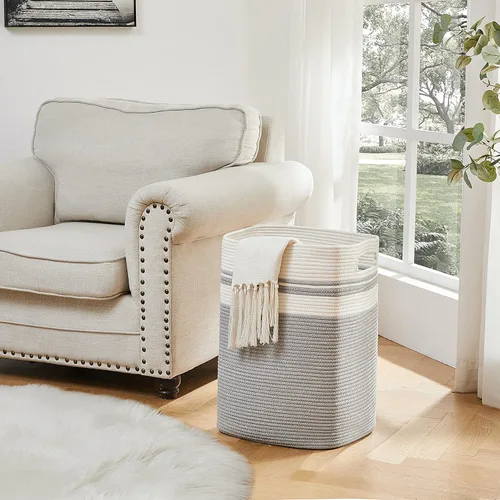 Miniatura 2 de OIAHOMY - Cesta de lavandería, cesta de almacenamiento alta decorativa de algodón con asas para sala de estar, cestas grandes plegables para Gris