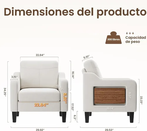 Miniatura 3 de Silla de acento para sala de estar, sillón moderno tapizado en lino, silla de sofá lateral de tela con estructura de madera con mesa plegable, 2