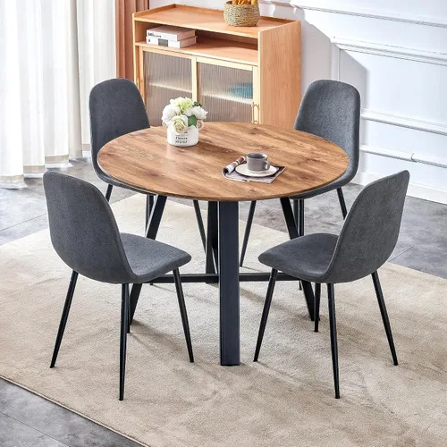 Miniatura 27 de Juego de 4 mesas de comedor redondas de 42 pulgadas para 4, sillas de mesa de cocina modernas, juego de 4 sillas tapizadas de madera con patas