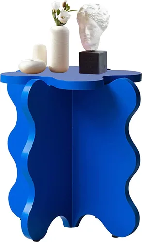 Miniatura 7 de HM&DX Mini mesa de centro de pétalos, mesa auxiliar de madera maciza con ondas de dibujos animados con patas en forma de X, mesas auxiliares de Azul