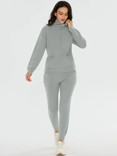 Miniatura 5 de DEEP SELF Conjunto de dos piezas para mujer, suéter de manga larga, media cremallera, pantalones deportivos con bolsillos