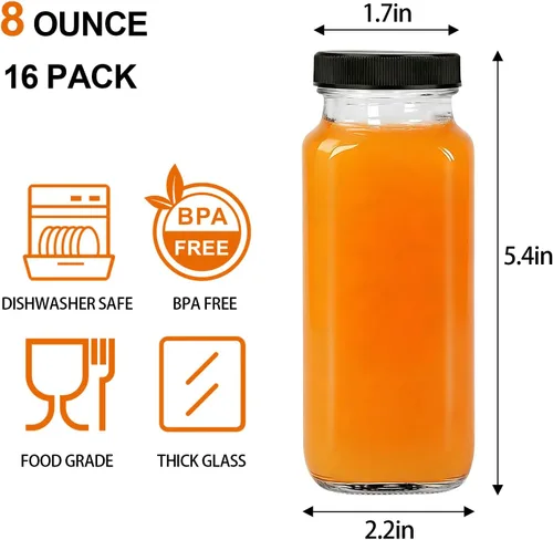 Miniatura 2 de Botellas de vidrio de 8 onzas con tapas, paquete de 16 recipientes reutilizables para jugo con cepillo de limpieza, botellas de agua de vidrio