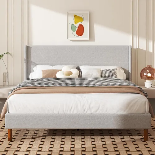 Miniatura 9 de Base de cama de tamaño matrimonial, plataforma tapizada de lino con cabecera con respaldo de ala, soporte de listones de madera, no necesita somier