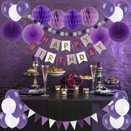 Miniatura 4 de ZERODECO Decoración de fiesta de cumpleaños, pancarta de feliz cumpleaños con abanicos de papel, bolas de nido de abeja, banderines triangulares