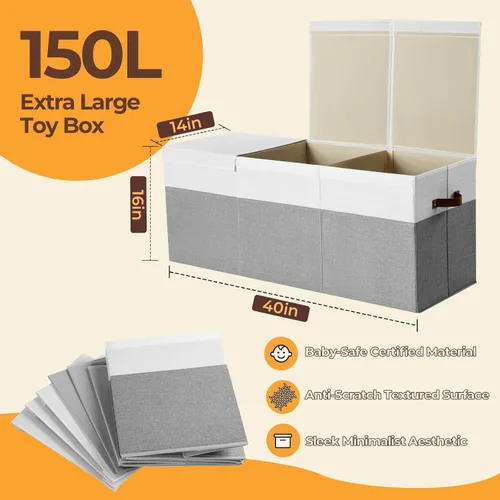 Miniatura 2 de Caja de juguetes extragrande, almacenamiento de juguetes plegable y resistente de 150 litros con tapa, organizador de almacenamiento para niños