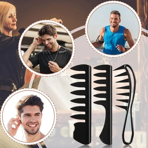Miniatura 4 de Juego de 3 peines negros para peinar el cabello, desenredar dientes anchos, champú y peines para hombres y mujeres, adecuado para la mayoría