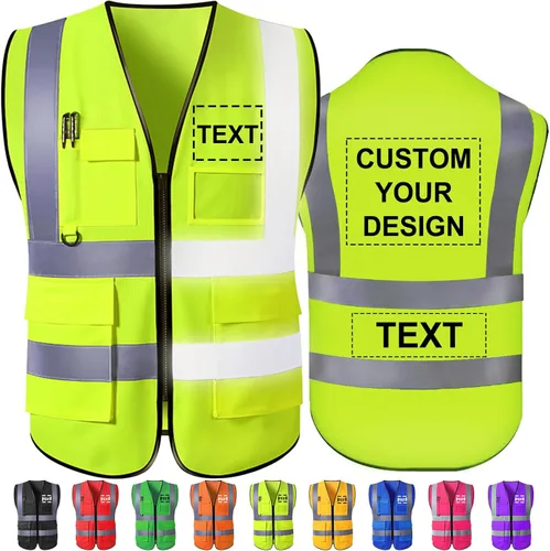 Chaleco de seguridad personalizado Chalecos reflectantes de alta visibilidad con bolsillos con cremallera, logotipo personalizado clase 2 para