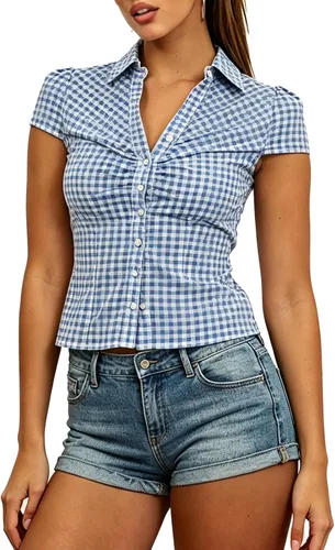 Miniatura 8 de Blusa de Mujer con Cuello en V Fruncida Camisa con Botones Manga Casquillo con Cuello Ajustada para Trabajo Oficina Blusa de Verano Tops Elegantes