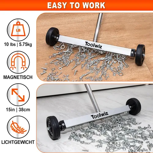 Miniatura 6 de Toolwiz Barredora magnética de 15 pulgadas, herramientas de techo para barredora de césped, herramientas de patio de 10 libras, ruedas lisas