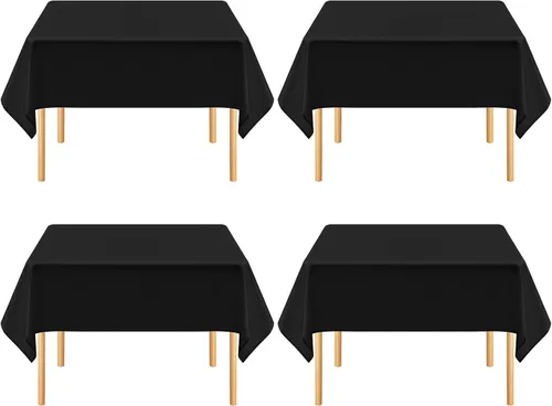Paquete de 4 manteles cuadrados color negro, 52 x 52 pulgadas, mantel de poliéster negro para mesas cuadradas pequeñas, mantel lavable resistente a