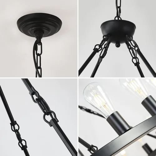 Miniatura 6 de Candelabro negro de 48 pulgadas con rueda de vagón, 2 niveles y 40 luces, estilo granja, industrial, redondo, de techo alto, cadena ajustable