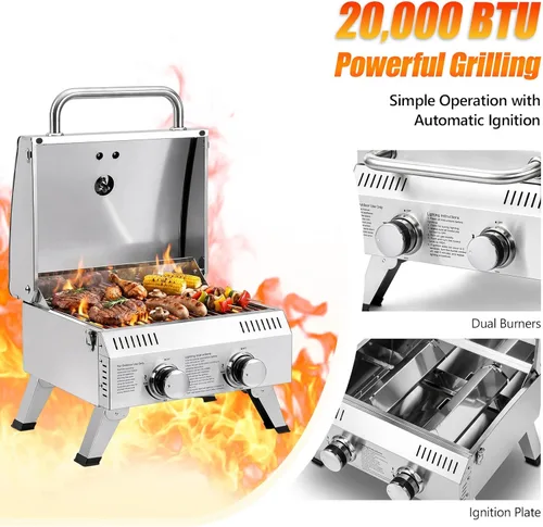 Miniatura 2 de ROVSUN Parrilla de gas portátil de 2 quemadores, 20000 BTU para exteriores, parrilla de propano con encendido, termómetro integrado y cuerpo