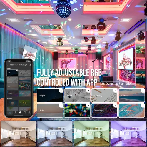 Miniatura 4 de Luz LED inteligente empotrada delgada de 6 pulgadas, cuadrada, aplicación WiFi y control de voz, 120 V, 13 W, 1000 LM, RGB + 2700K-6000K